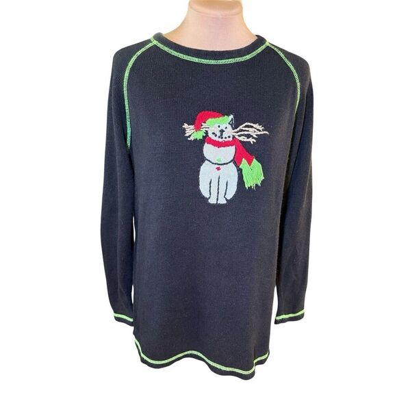 Quacker Factory SZ M Ugly Christmas Cat Snowman Sweater Scarf Embroidered Winter - Picture 3 of 13